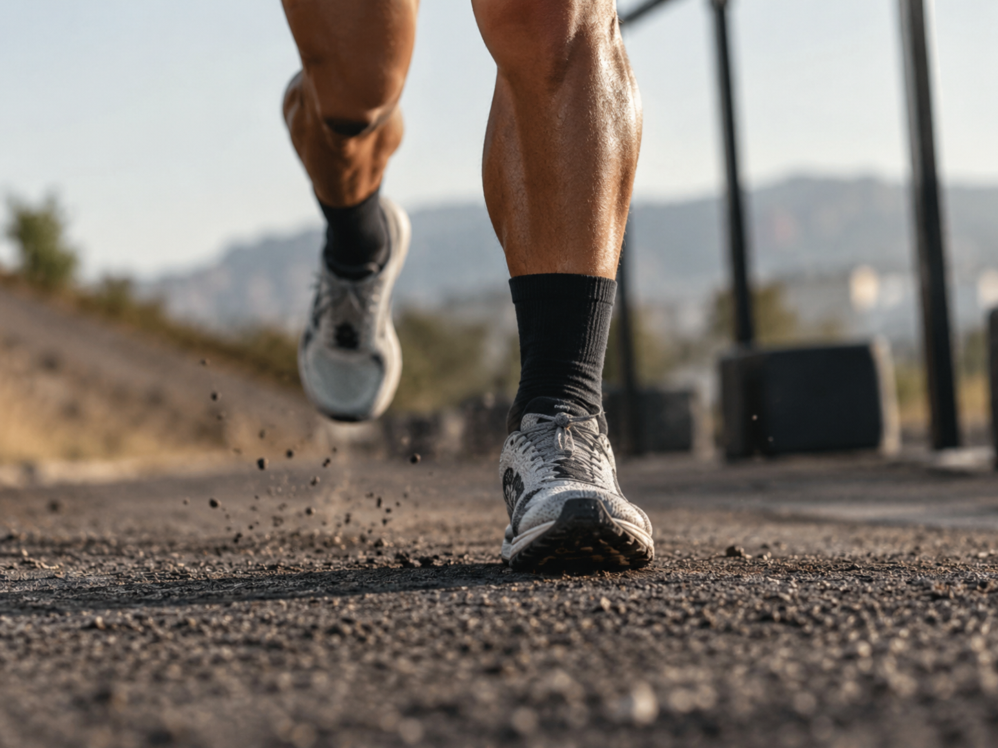 Coureur en plein effort sur un chemin, gros plan sur les appuis