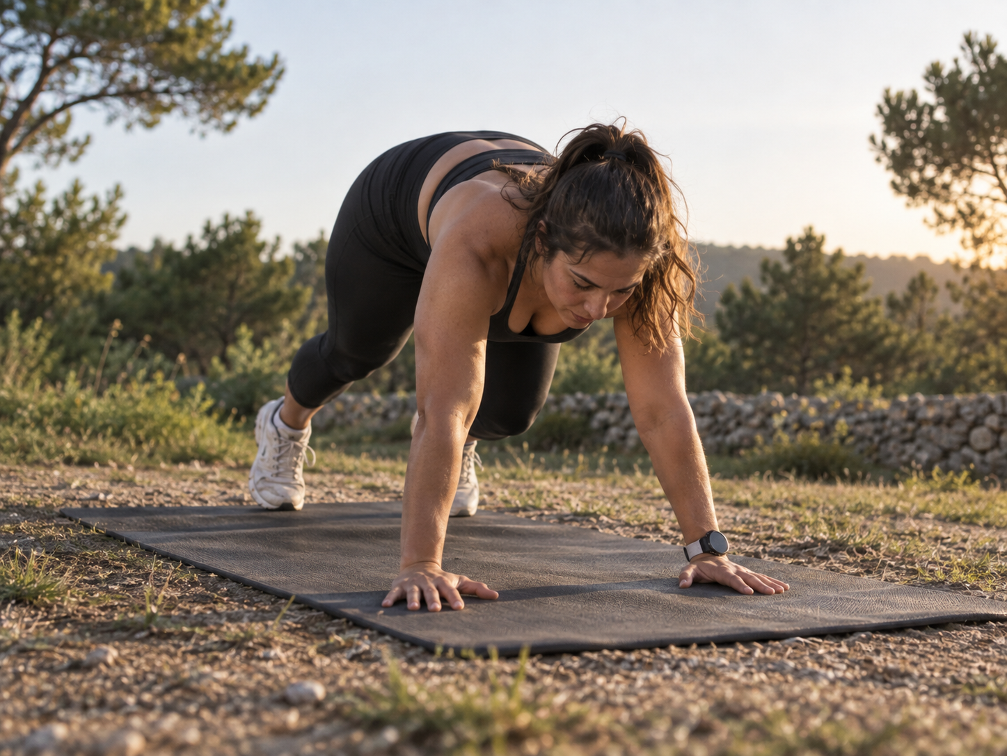 Femme en gainage dynamique sur un tapis en extérieur au coucher du soleil
