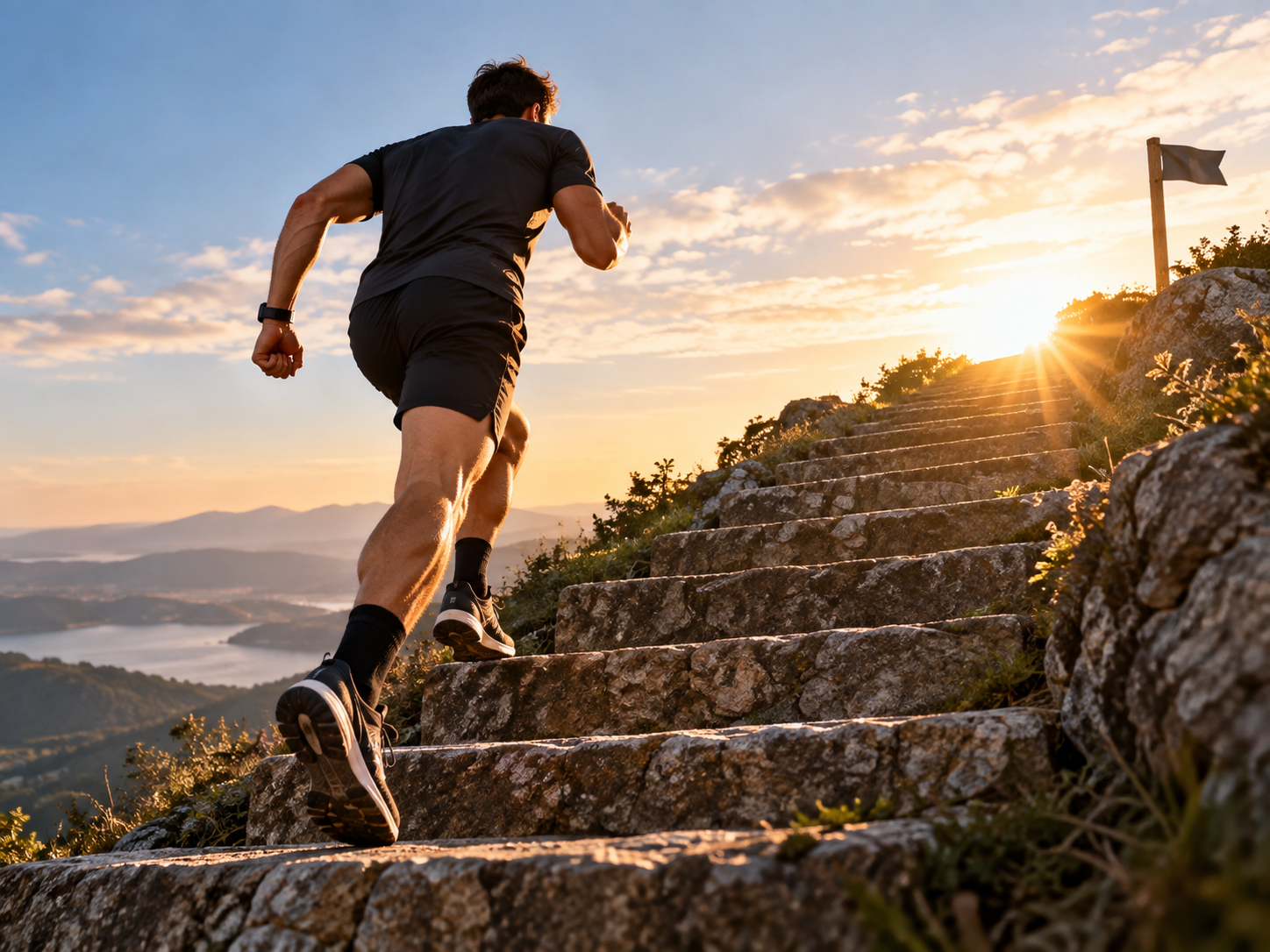 Coureur gravissant un escalier de pierre au lever du soleil