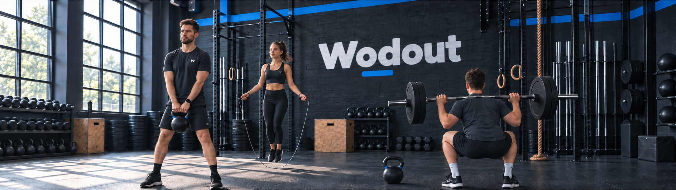 Trois athlètes à l'entraînement dans une salle Wodout : kettlebell, corde à sauter et squat à la barre